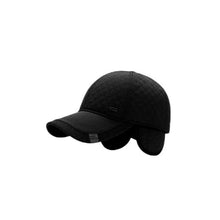 Load image into Gallery viewer, A black unisex baseball cap with a quilted design made of cotton and polyester, featuring ear protection and an adjustable head size.