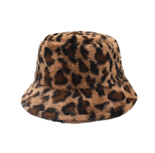 Load image into Gallery viewer, A brown artificial fur bucket cap with a tiger stripe pattern, soft lining, adjustable size.