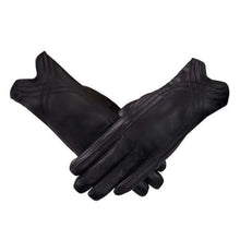 Load image into Gallery viewer, A pair of black leather gloves designed for women, with decorative stitching on the edges and a subtle branding tag on the back of the hand.