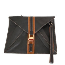 Load image into Gallery viewer, A black and brown leather wristlet handbag with a magnetic closure and a detachable wrist strap.