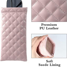 Load image into Gallery viewer, Pink quilted pouch with soft suede lining and premium PU leather, shown from different angles.