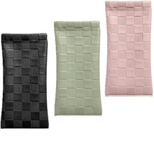 Load image into Gallery viewer, Three PU leather squeeze cases for glasses in black, green, and pink color, displayed side by side.