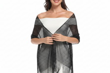 Įkelti nuotrauką į galerijos peržiūros programą, A woman wearing a sheer black mesh shawl or wrap over a white off-the-shoulder top, shown against a plain white studio background.