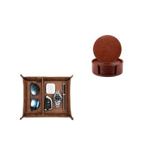 Load image into Gallery viewer, A brown faux leather storage tray with multiple compartments, including some coasters and sunglasses.