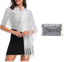 Load image into Gallery viewer, A woman with a white shiny scarf on her and a silver shiny small handbag