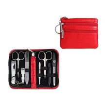 Load image into Gallery viewer, A red leather key holder with a compartment for nail care tools, which includes scissors, a file, and a cuticle tool.