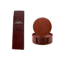 Load image into Gallery viewer, A small crocodile leather pen and pencil case in brown color with a single compartment and a press stud closing, accompanied by a set of six brown leather coasters with a crocodile pattern.