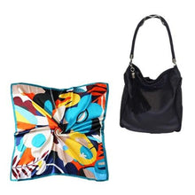 Load image into Gallery viewer, Floral multicolour scarf and dark blue leather handbag