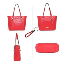 Load image into Gallery viewer, A set of four images showing a red PU leather handbag and a matching red key holder. The handbag features a solid pattern with a practical handle and a detachable strap, while the key holder has a wrist strap and a faux leather-look finish.
