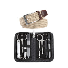 Load image into Gallery viewer, A set of nail care tools including a silk belt with a leather decoration, a nail clipper, a cuticle scissor, and a buffer, all presented in a black case with a silk-like fabric lining.