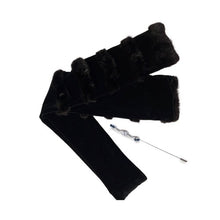 Load image into Gallery viewer, Black velvet and mink scarf + metal pin with rhinestone