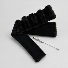 Load image into Gallery viewer, Black velvet and mink scarf + metal pin with rhinestone