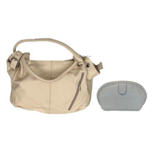 Load image into Gallery viewer, A beige-colored leather handbag with two handles and a zippered cosmetic bag.
