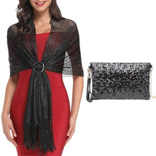 Load image into Gallery viewer, A woman wearing a red dress and a long, black shiny polyester shawl with sequins, accompanied by a black faux leather handbag with sequin decoration.