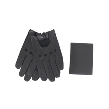Load image into Gallery viewer, Black leather perforated gloves and a cards hloder