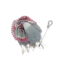 Load image into Gallery viewer, A tricolor unisex linen scarf in light grey, rose, and white, with a white metal brooch with rhinestones.