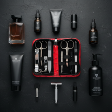 Įkelti nuotrauką į galerijos peržiūros programą, Vilniaus Kailiai Odinis manikiūro rinkinys vyrams ir moterims, model DS-ASL-8090, with grooming tools in a gift set.
