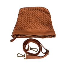 Load image into Gallery viewer, Brown woven leather bag with a strap on a white background