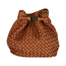 Load image into Gallery viewer, Brown woven handbag with a drawstring on a white background