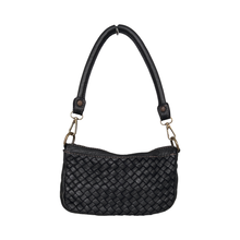 Load image into Gallery viewer, Black woven handbag with a strap on a white background