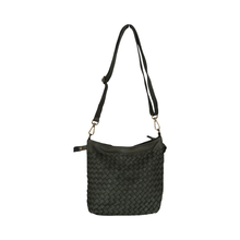 Load image into Gallery viewer,
Olive green woven handbag with a shoulder strap on a white background