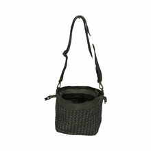 Load image into Gallery viewer, Black woven bucket bag with a strap on a white background