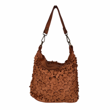 Load image into Gallery viewer, Brown textured handbag with floral patterns on a white background