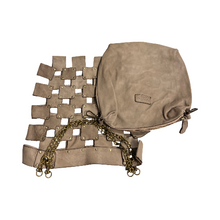 Load image into Gallery viewer, Brown leather bag with woven design and chain detail on a white background