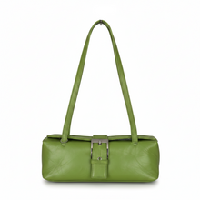 Įkelti nuotrauką į galerijos peržiūros programą, A green leather shoulder bag with a structured rectangular body, a single shoulder strap, and a silver-tone buckle closure on the front, shown against a plain white background.