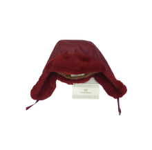 Load image into Gallery viewer, A red leather cap with rabbit fur lining, featuring a trapper style with ear flaps, displayed against a white background.