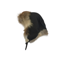 Load image into Gallery viewer, A red colour trapper style cap with red for fur trim and a leather strap, designed for both men and women.