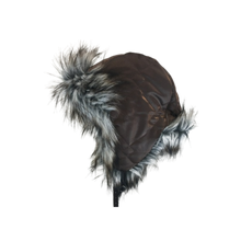 Load image into Gallery viewer, A brown textile winter cap with synthetic fur lining and a trapper style design.
