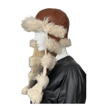 Load image into Gallery viewer, Sheepskin fur cap on a mannequin head, featuring a plush design with sheepskin fur lining and a brown leather band.