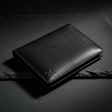 Įkelti nuotrauką į galerijos peržiūros programą, Black and beige leather men's wallet by Vilniaus Kailiai, featuring a slim design and multiple card slots.