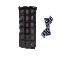 Load image into Gallery viewer, A black, bluefox and silk scarf with a bow brooch featuring crystal and blue rhinestones on a white background