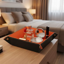 Įkelti nuotrauką į galerijos peržiūros programą, Makeup tray with lipsticks, perfume, and compact mirror on a dresser in a bedroom setting.