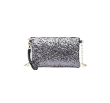 Load image into Gallery viewer, Shiny gray crossbody bag with sequins and a detachable shoulder strap.