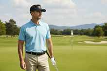 Load image into Gallery viewer, Man on a golf course holding a golf club with a scenic background