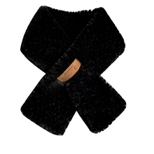 Load image into Gallery viewer, A gray artificial fur scarf with a decorative surface and a label showing the brand name.