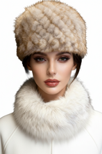 Load image into Gallery viewer, Woman wearing a fur hat and scarf on a white background