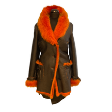 Load image into Gallery viewer, A black Nappa Toscana sheepskin midi-length coat with orange fur trim, featuring a shawl collar and front pockets.