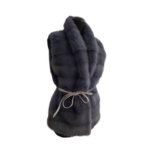 Load image into Gallery viewer, A violet dyed mink fur vest with a stand collar, lining, and front fur hook fastening, displayed on a mannequin.
