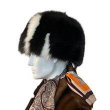Load image into Gallery viewer, A round black and white fox fur unisex cap with the lining on a mannequin.