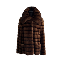 Load image into Gallery viewer, Brown mink fur jacket with a mandarin collar, pockets on the front, and a belt.