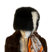 Load image into Gallery viewer, A round black and white fox fur unisex cap with the lining on a mannequin.