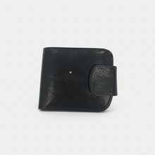 Įkelti nuotrauką į galerijos peržiūros programą, A black, small-sized leather wallet for women with a Swarowsky crystal embellishment on the bottom right corner.