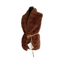 Load image into Gallery viewer, Orange color mink vest with stand collar and front fur hook fastening, displayed on a mannequin.