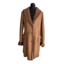 Load image into Gallery viewer, A camel brown Nappa sheepskin midi-length coat with a shawl collar, buttons down the front, and fur lining at the hood.