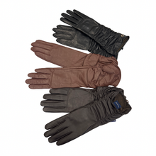 Load image into Gallery viewer, A collection of women's gloves in black, brown, and gray colors made from premium Italian Nappa leather, displayed on a white background.