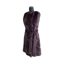 Load image into Gallery viewer, Dark violet mink vest with leather inserts and a belt, displayed on a mannequin.